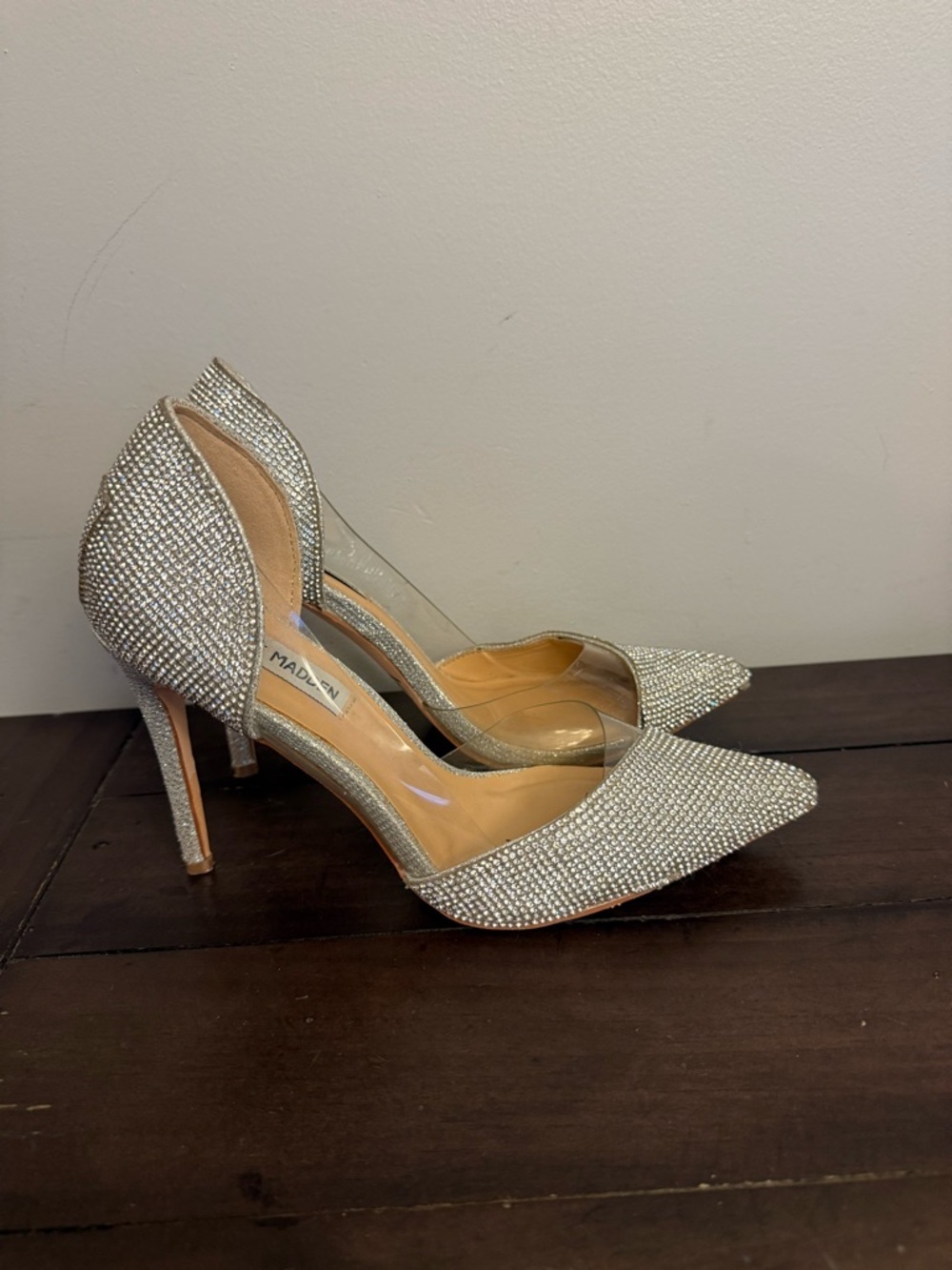 Steve Madden Rhinestone Heels Clear D’Orsay Pumps Silver Sparkle Stiletto